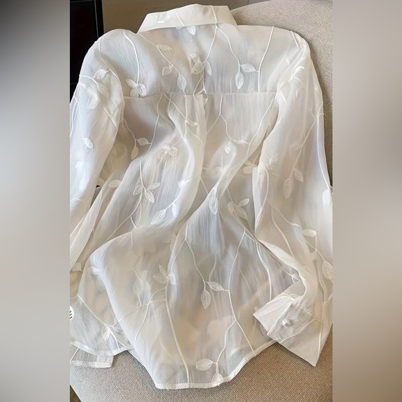 Elegant Sheer White Blouse with Leaf Embroidery - Picture 3 of 10